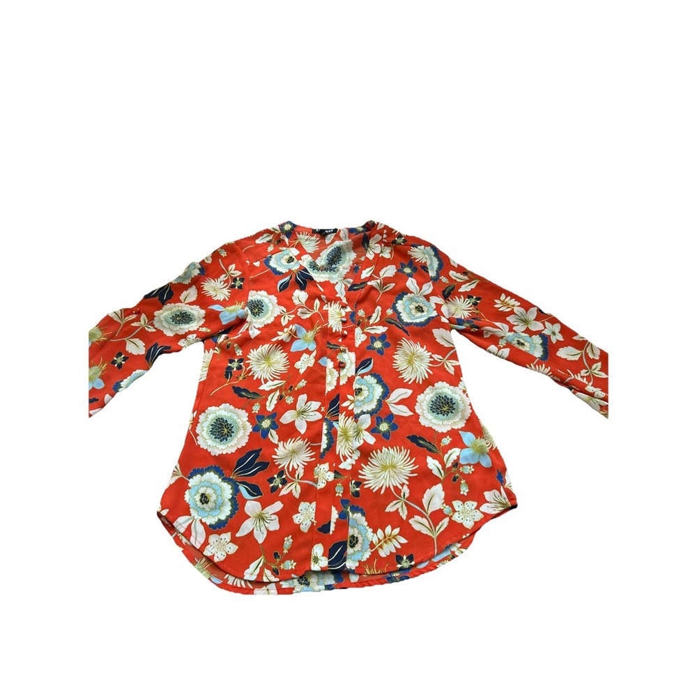 Express Colorful Floral Red Blue Long‎ Sleeve Blouse Womens XS Casual